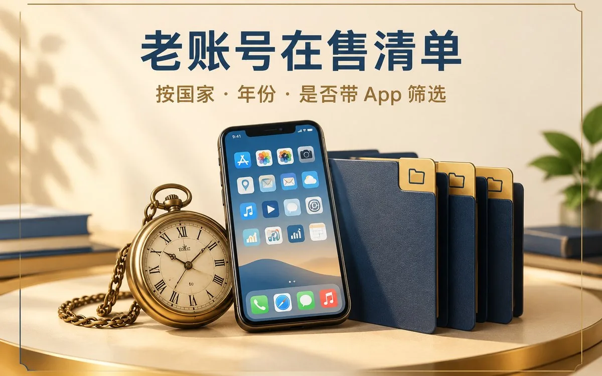 老账号购买：在售清单，按国家、年份与是否带 App 筛选